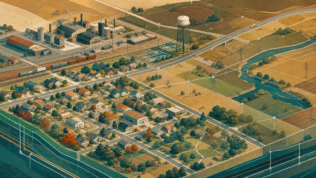Editorial illustration of roads, industry and development across the high plains