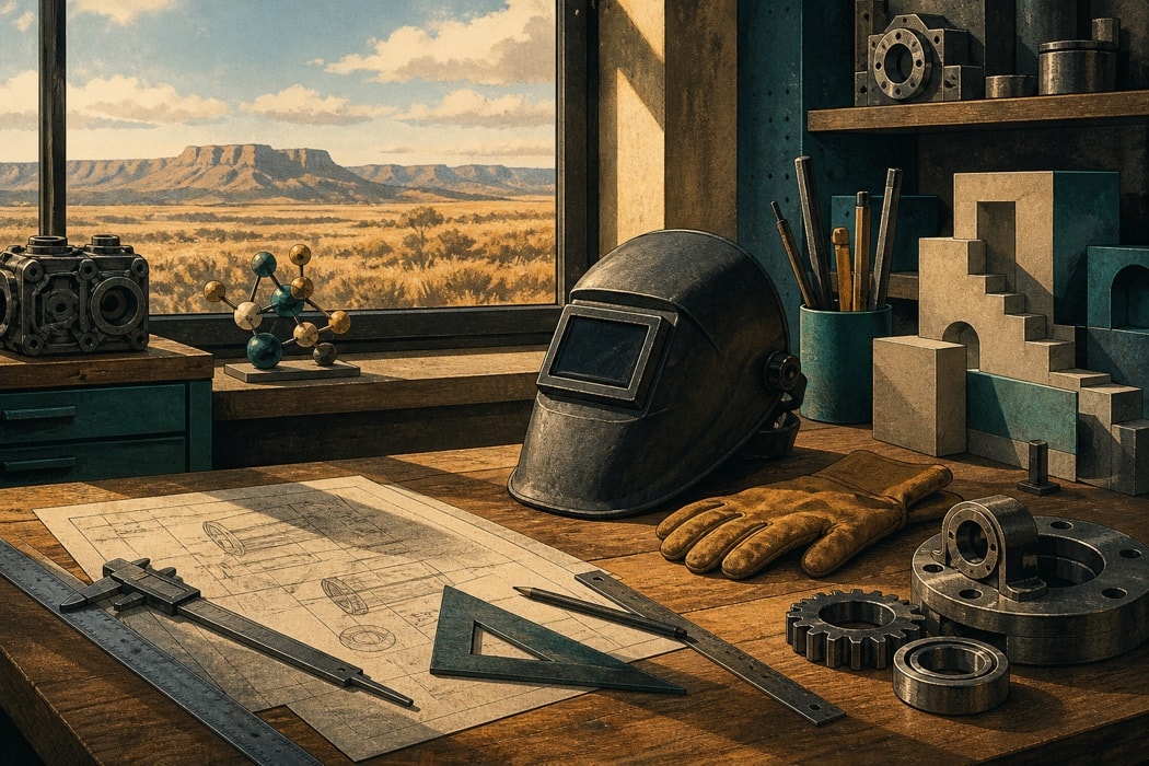 Editorial illustration of unbranded workforce training materials and industrial tools